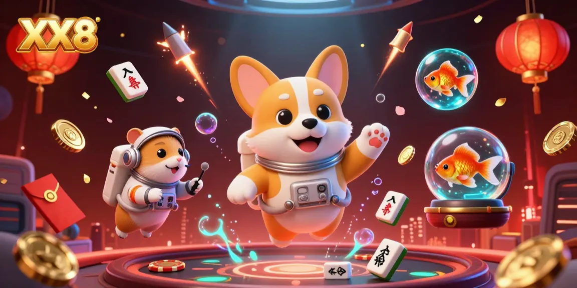 Experience the dynamic fun of XX8 with an astronaut corgi in a floating casino scene, featuring vibrant game elements.