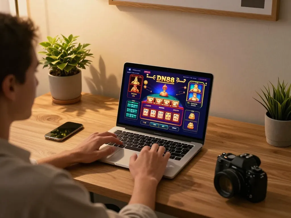 Engaging in online gaming with DN88 app on laptop in cozy home setting