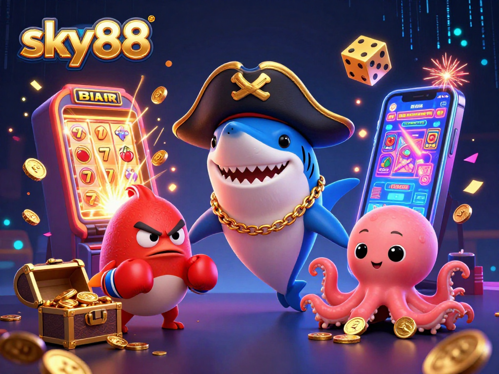 Engage in thrilling action at sky88 with pirate shark, pufferfish, and octopus amidst casino chaos.