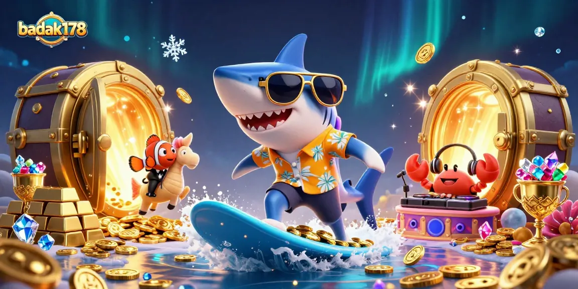 Experience the thrill of badak178 with a dynamic 3D casino-themed illustration featuring a shark and dazzling treasures.