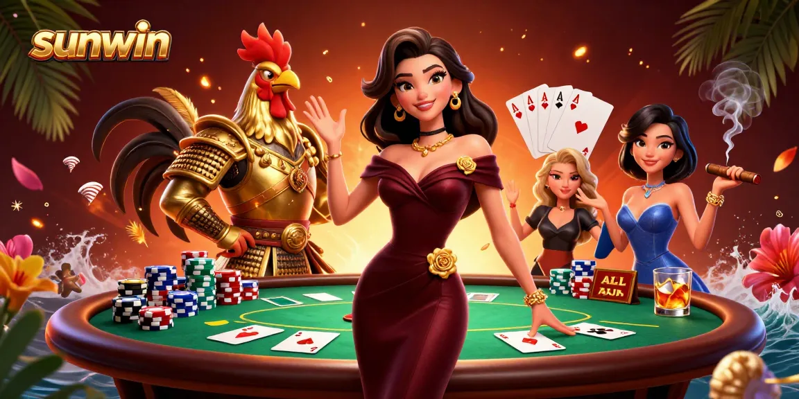 Engage in thrilling poker action at sunwin's vibrant casino scene featuring glamorous characters.