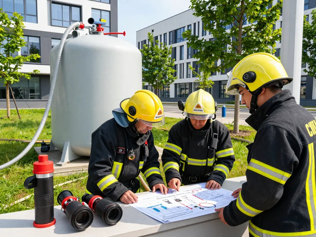 Notfallreaktionsteam inspiziert Löschwasser für Gewerbepark-Lösungen, präsentiert tragbare Wassertanks und Brandschutzgeräte.