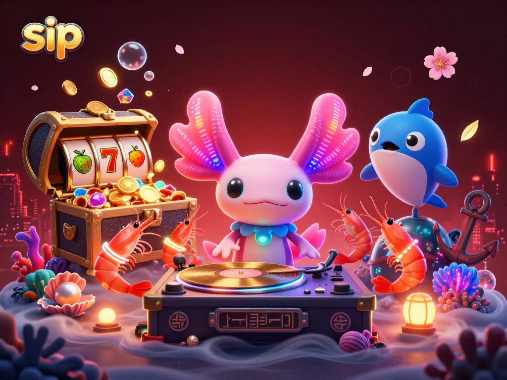 Watch as the sip DJ spins golden records while shrimp dancers celebrate in vibrant casino bliss.