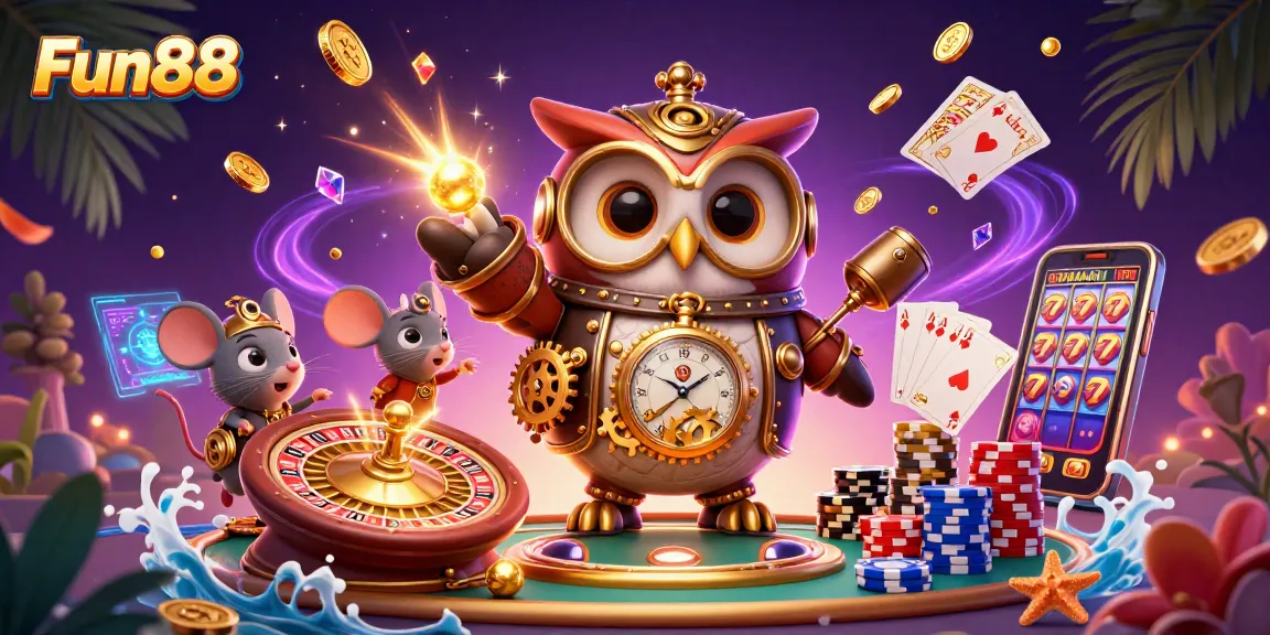Fun88 offers a vibrant scene with a time-traveler owl and casino elements illustrating exciting gaming experiences.