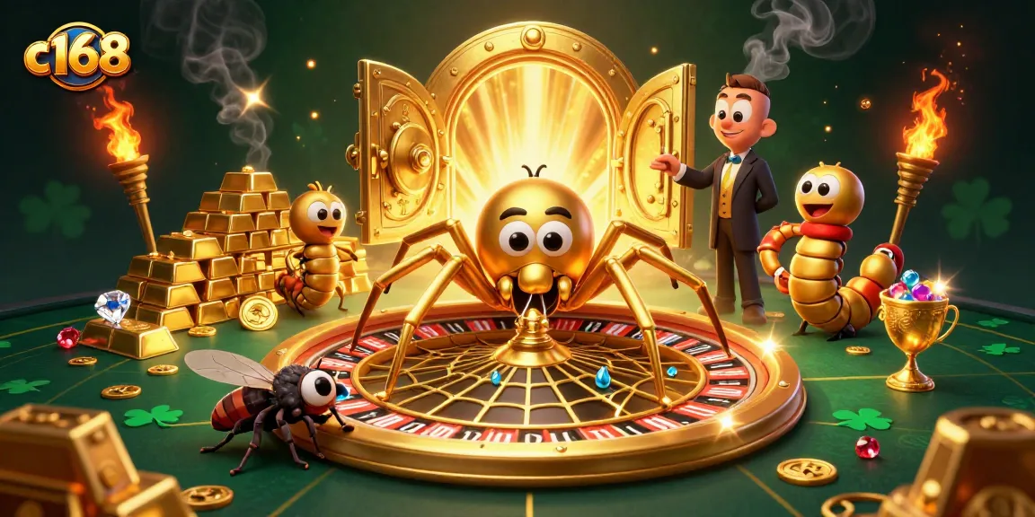 Place bets at C168's exciting gaming scene featuring a golden roulette wheel.