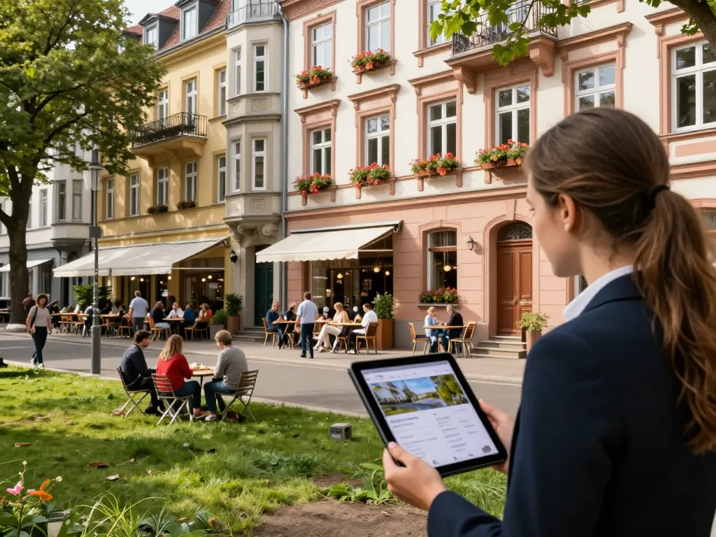 Immobilienmakler in Frankfurt Sachsenhausen, der potenziellen Käufern Immobilien in einem lebhaften städtischen Umfeld mit charmanten Architekturen präsentiert.