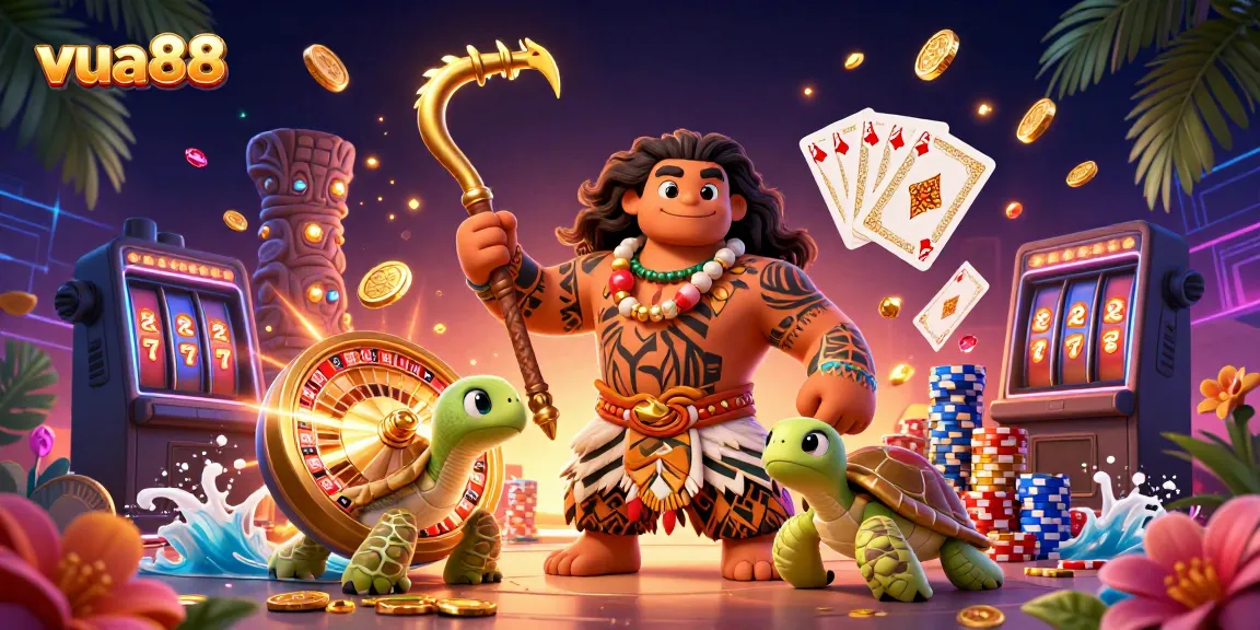 Experience thrilling gaming with vua88 as a demigod hawk and turtle navigate a vibrant casino landscape.