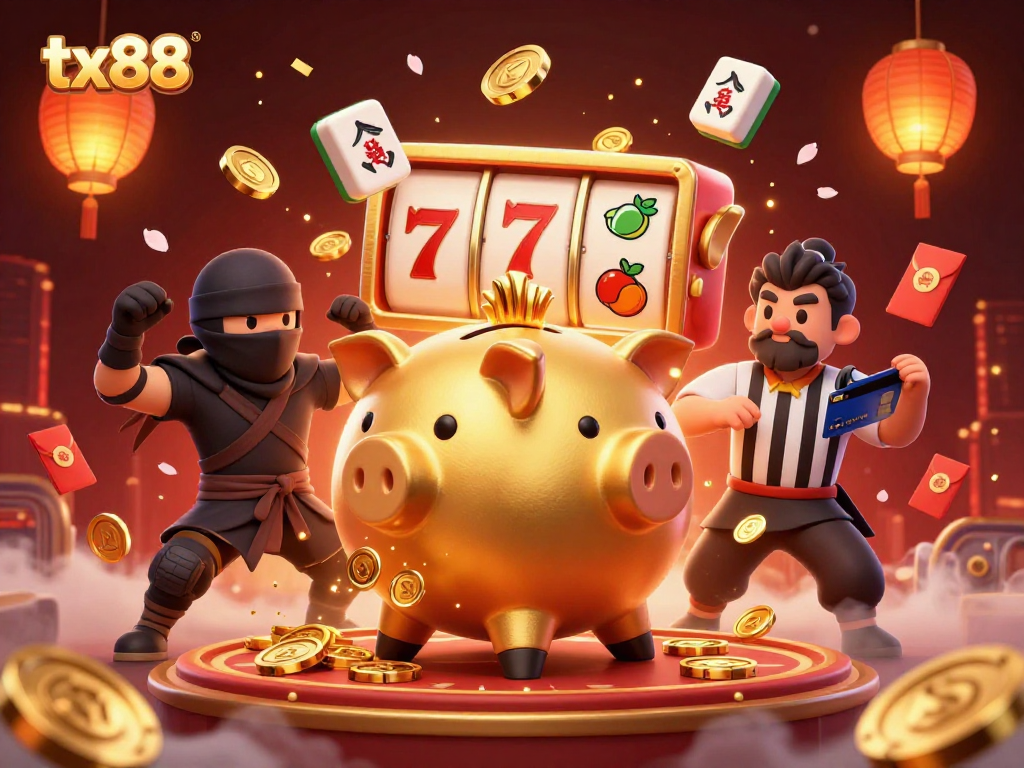Engage with tx88 in a vibrant 3D casino scene featuring dynamic characters amidst rich gaming elements.