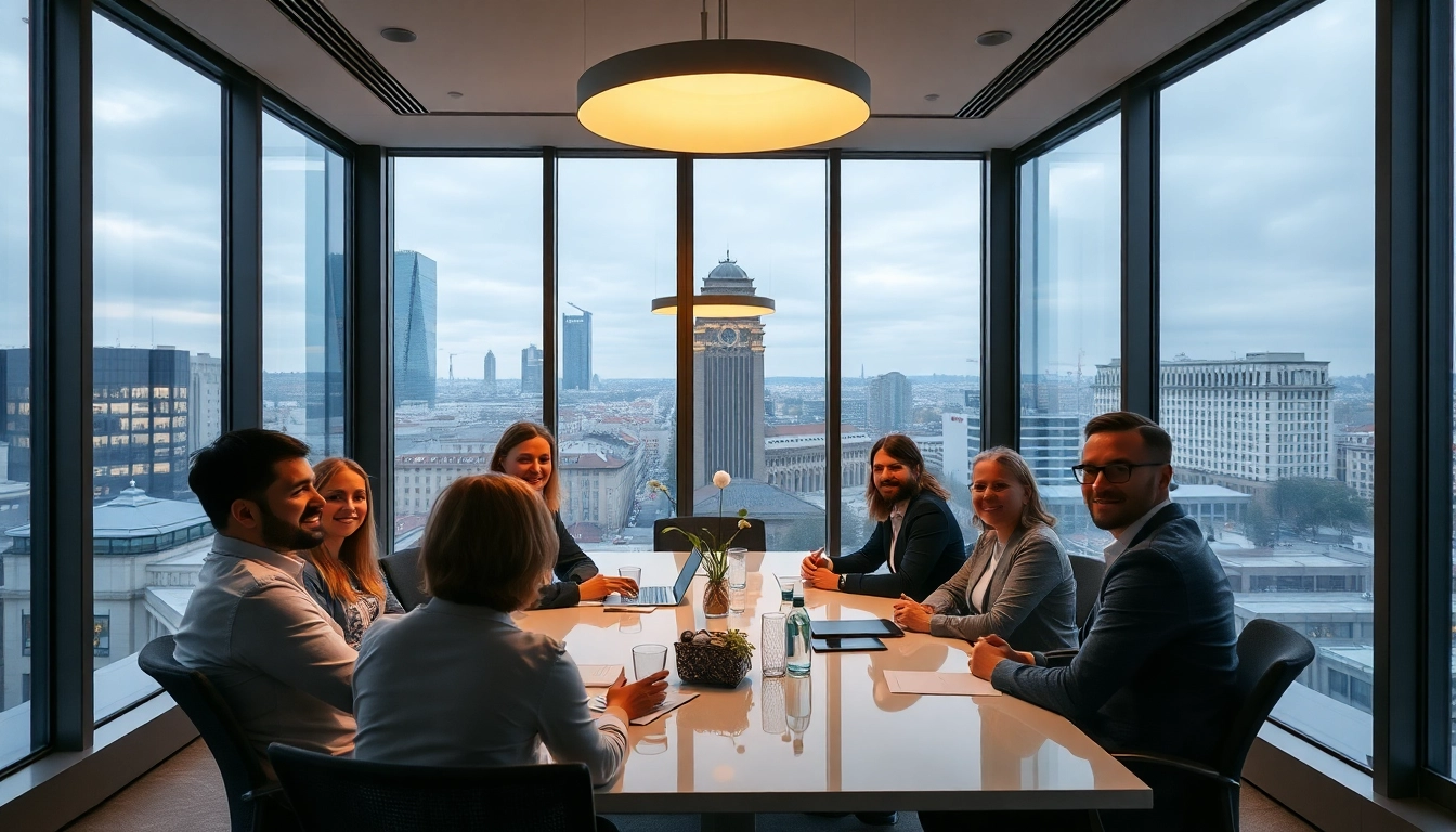 Professionelles Meeting zur Unternehmensberatung München in einem modernen Büro mit Stadtblick.