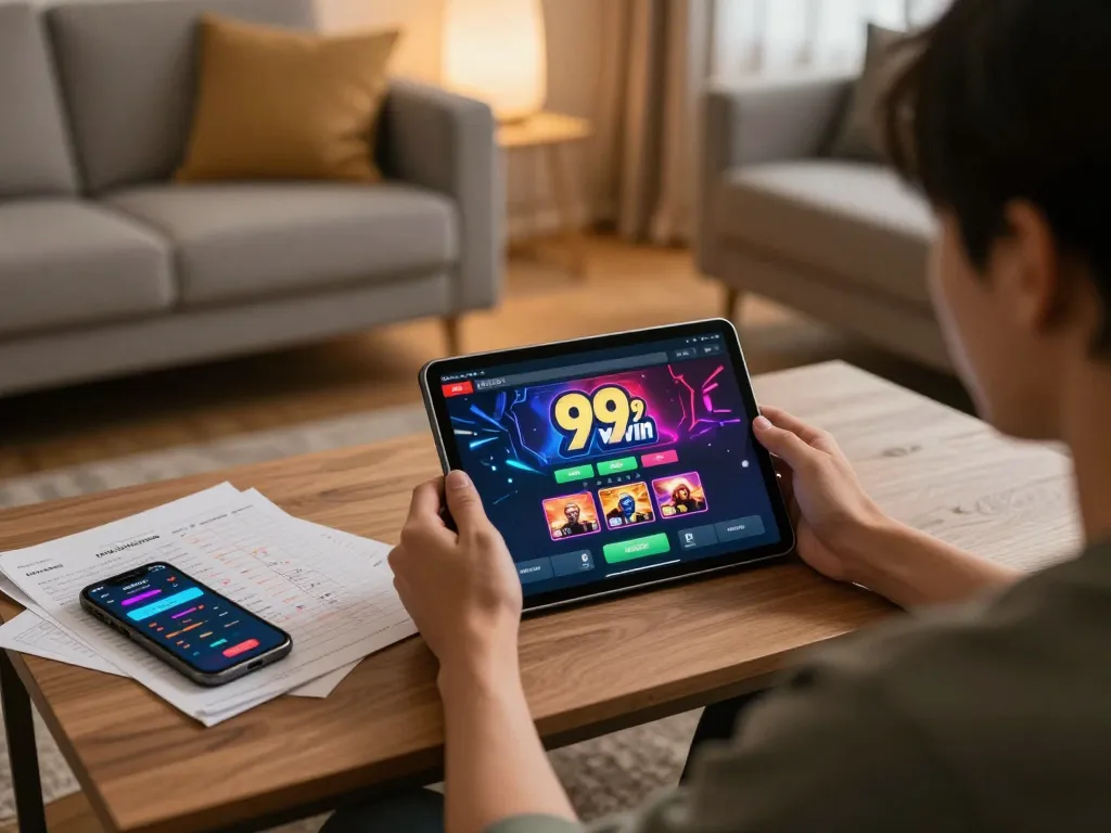 Engaging in online gambling at 99win, showcasing a strategic home setup.