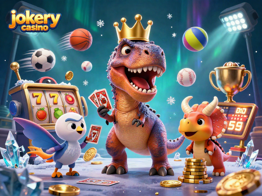 Engage with Jokery Casino through a vibrant 3D scene featuring characters and dynamic gaming elements.