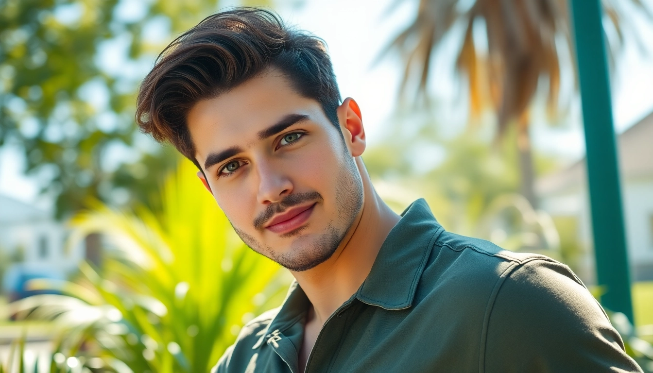 Tinder bilder präsentieren einen attraktiven Mann in natürlicher Umgebung.