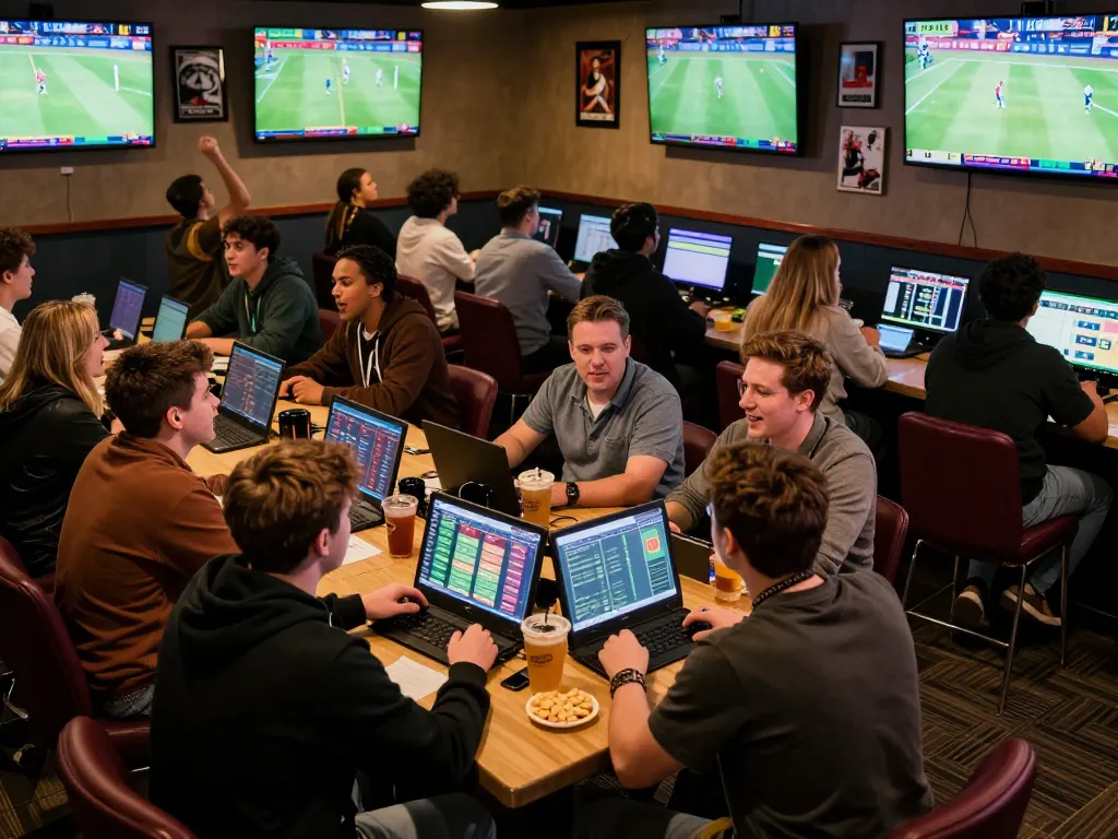 Excited fans at a sports betting lounge engage in analysis while placing bets through bsport.