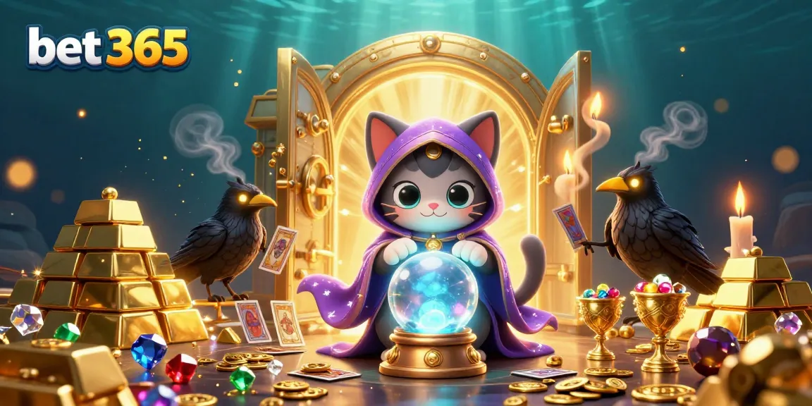 Experience the excitement of bet 365 with a vibrant 3D cartoon scene featuring a mystic cat and a raven amidst riches.
