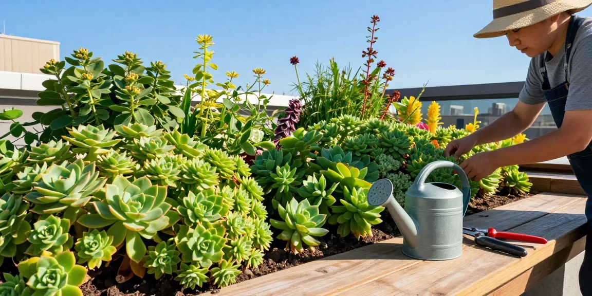 Fette henne düngen in einem lebhaften Dachgarten mit einem Gärtner, der Sedum-Pflanzen schneidet.