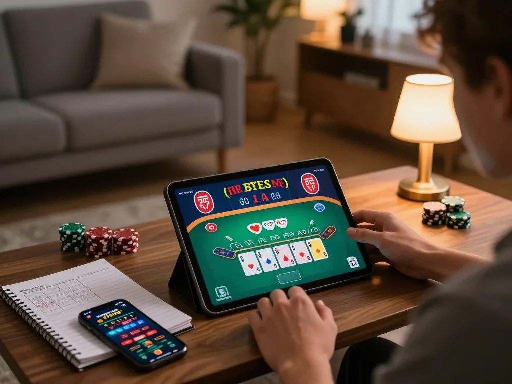 Engage in exciting RR88 online gaming with live blackjack, showcasing strategy notes and cozy ambiance.