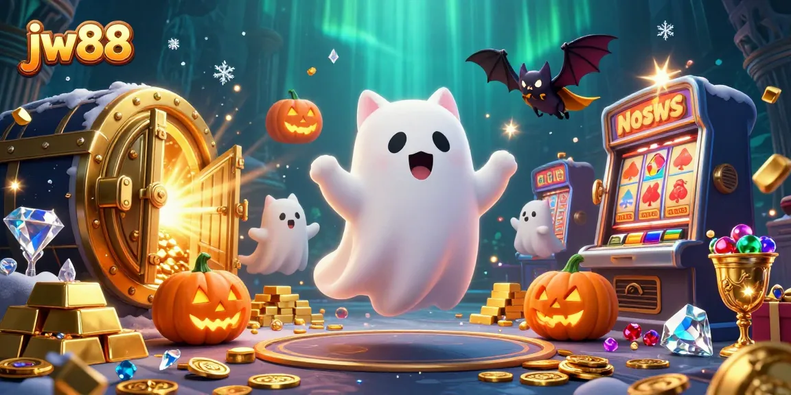 Catch jackpots with jw88 as a friendly ghost cat haunts a dynamic casino scene.