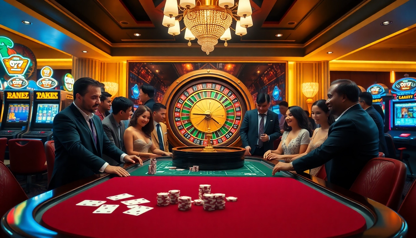 Experience the thrill of gaming at PS99COM with a vibrant casino scene featuring poker tables and roulette wheels.