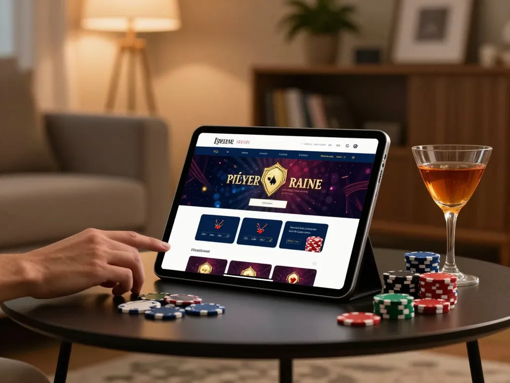Playing aud77 on a tablet, showcasing a refined online casino atmosphere at home