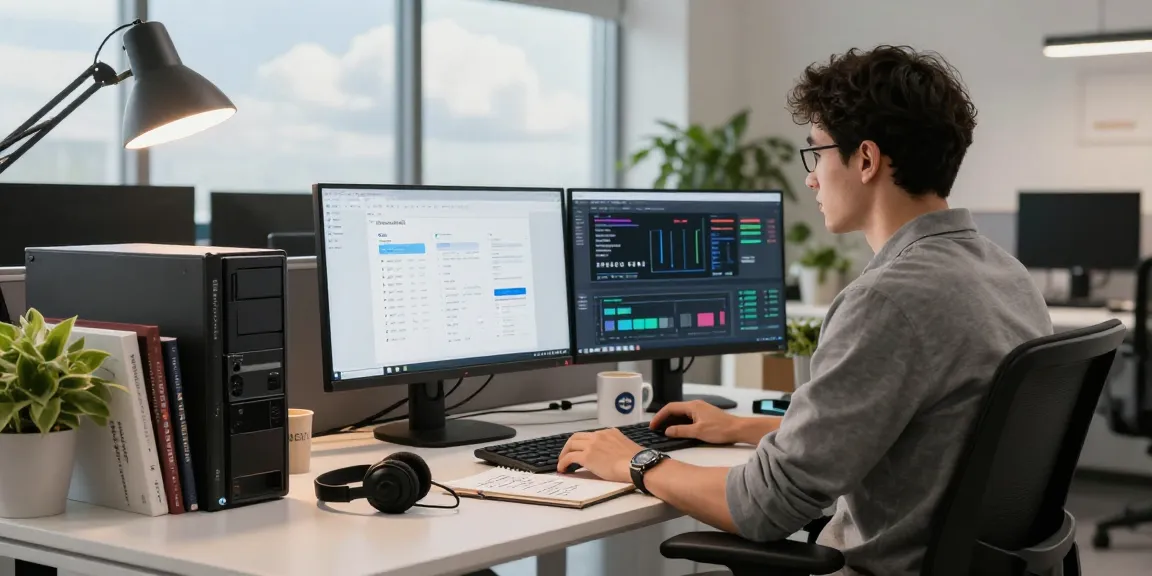 Windows Server 2025 Zugriffslizenzen bestellen in einem modernem Büro mit IT-Administrator, der an dualen Monitoren arbeitet.