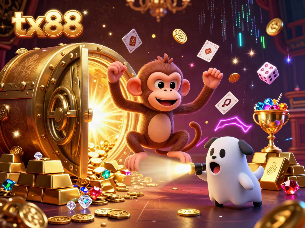 Experience the excitement of tx88 casino gaming with a 3D illustration of a poltergeist monkey juggling coins, showcasing a thrilling atmosphere.