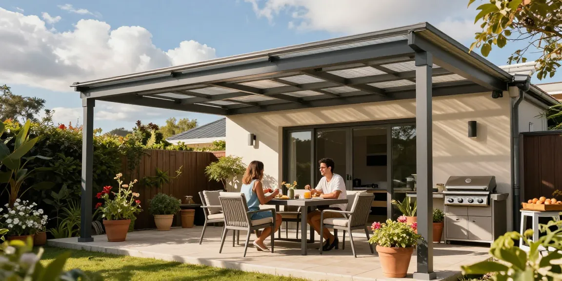 Freistehende Terrassenüberdachung im Garten mit einem Paar, das entspannt am Esstisch sitzt.