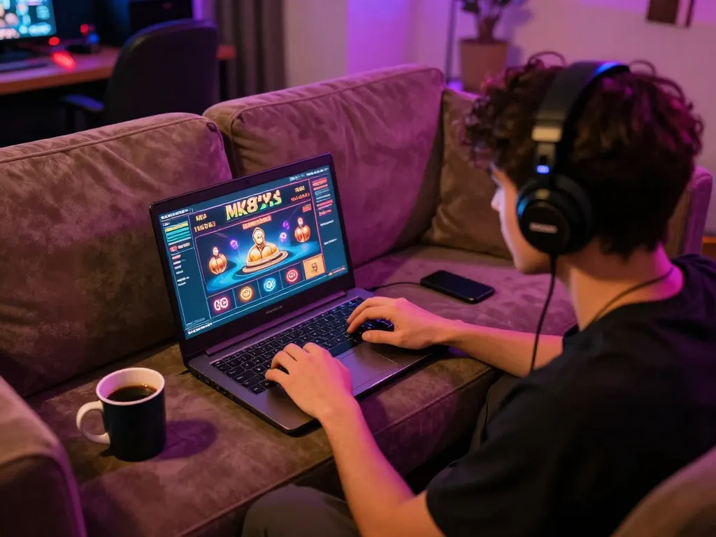Engaging in MK8th online casino gameplay with laptop interface highlighting strategic moves.