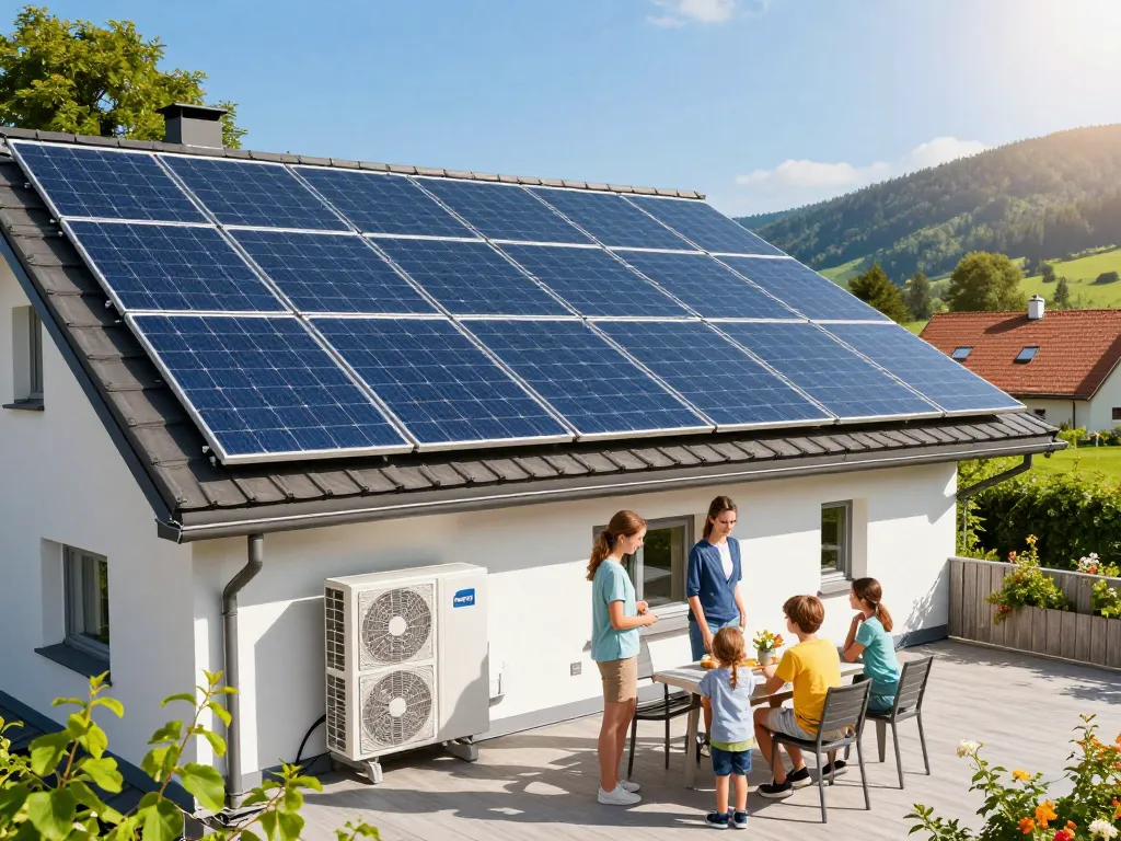 Photovoltaik Bayern Dachszene mit Familie, die die Einsparungen durch Solarenergie genießt.