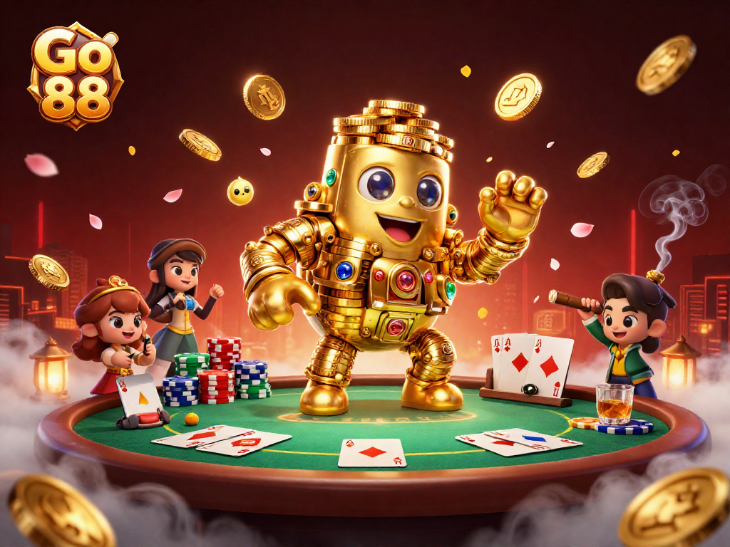 Experience the thrill of Go 88 with a golden golem and poker elements in an exciting 3D casino scene.