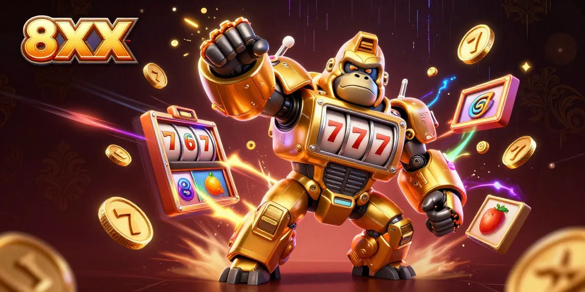Win big at 8XX with this vibrant illustration showcasing a golden gorilla mech and dynamic slot game elements.