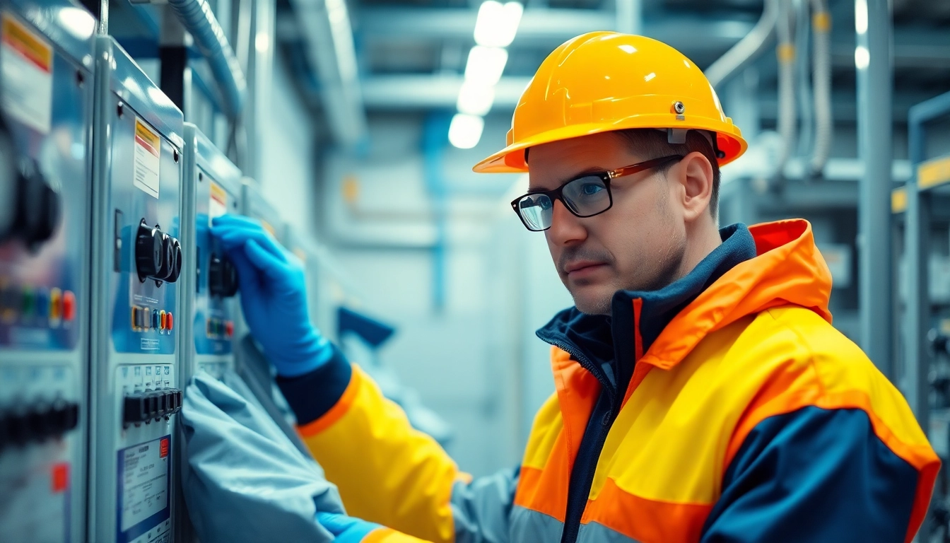 Technician performing a DGUV V3 Prüfung on electrical equipment, ensuring workplace safety and compliance.