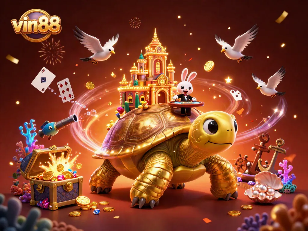Play and win big with vin88 in this vibrant 3D casino scene featuring exciting characters and games.