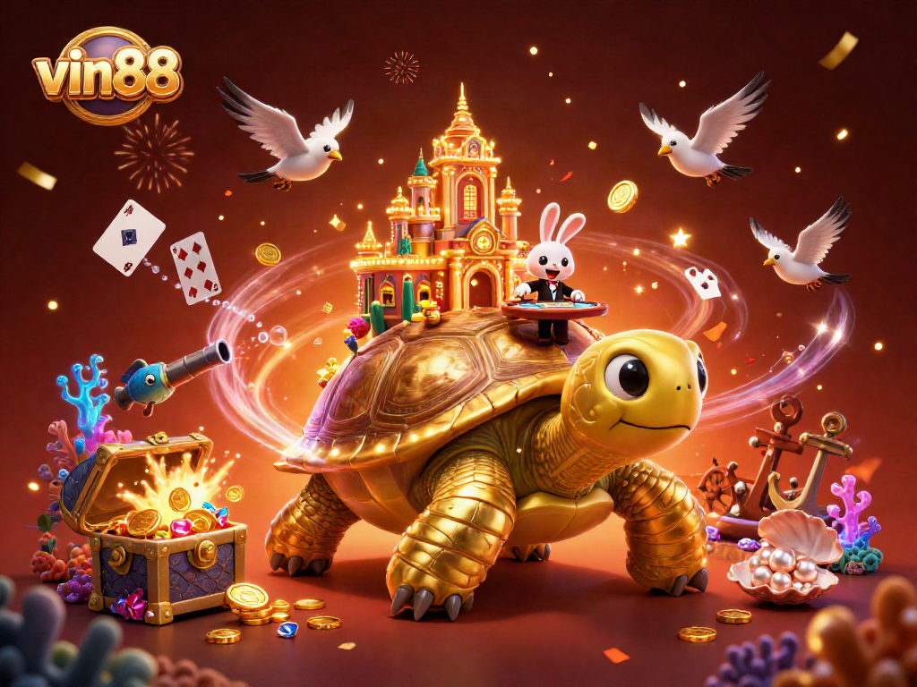 Play and win big with vin88 in this vibrant 3D casino scene featuring exciting characters and games.