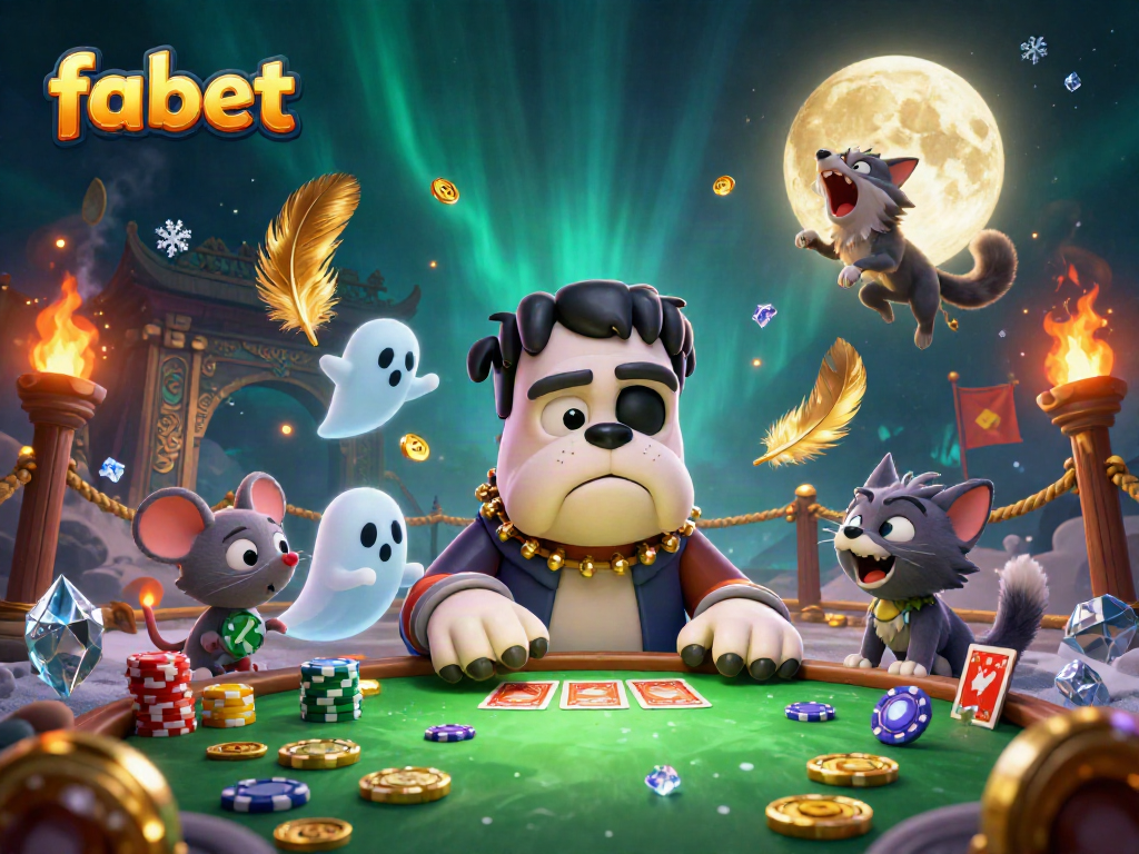 Engage with fabet's vibrant casino illustration featuring a bulldog monster and playful ghost mouse at a lively gaming table.
