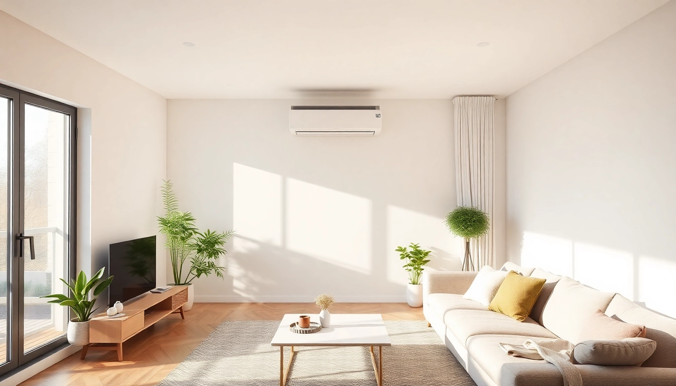 Klima kaufen: Schicke Klimaanlage perfekt integriert in modernes Wohnambiente mit sanfter Beleuchtung.