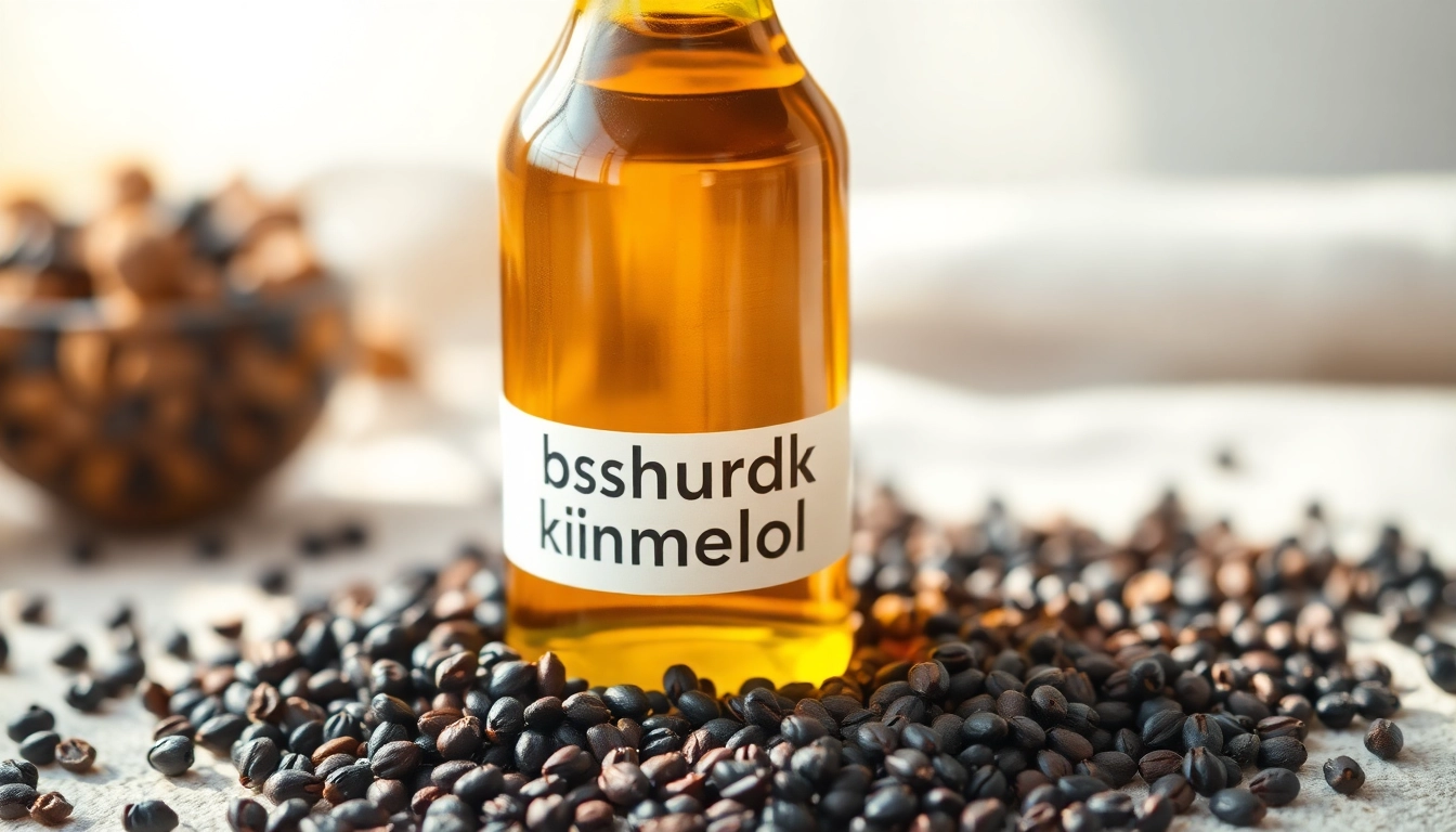 Schwarzkümmelöl flasche umgeben von frischen Schwarzkümmelsamen auf natürlichem Hintergrund.