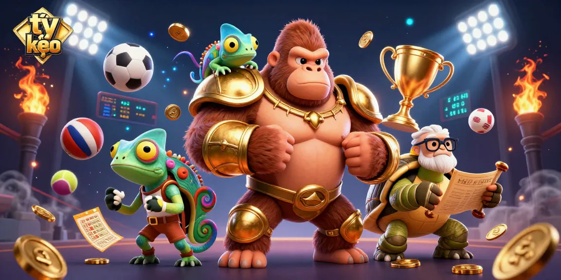 Experience the dynamic world of tỷ lệ kèo through a vibrant 3D illustration featuring sporty characters and gambling elements.