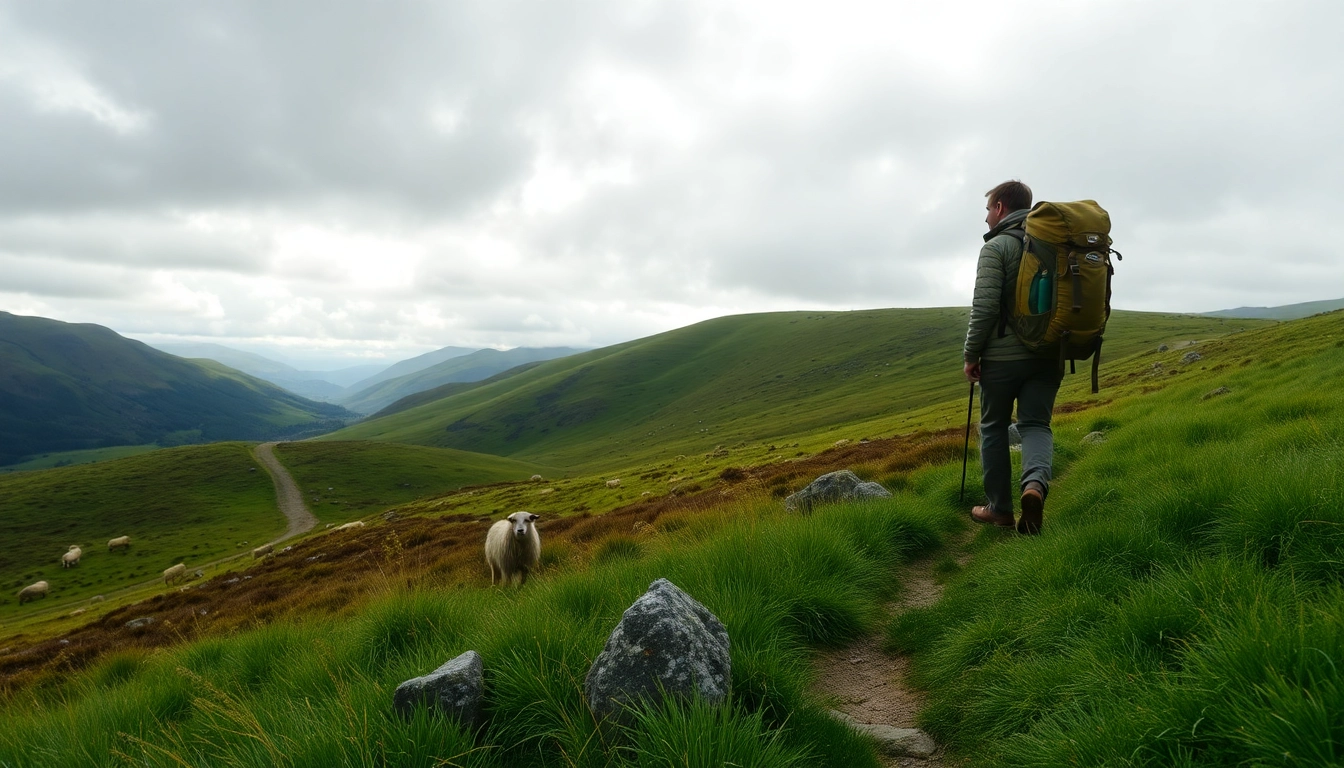 Wandern in Irland auf einem malerischen Pfad durch grüne Hügel und eine dramatische Landschaft.