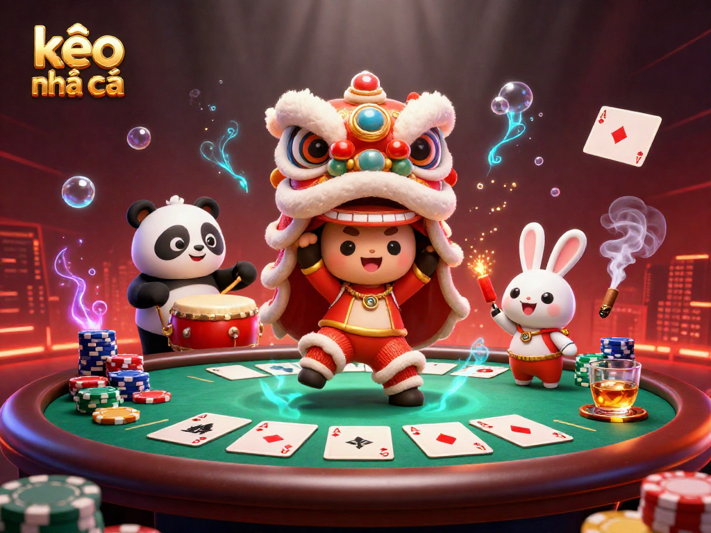 Engage with kèo nhà cái at a vibrant casino featuring a lion dance and poker action.
