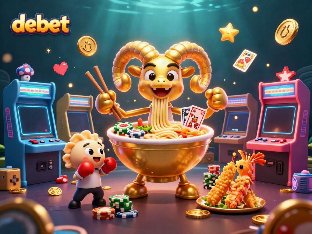 Engage with debet's vibrant casino scene featuring a golden ramen bowl character and game elements.