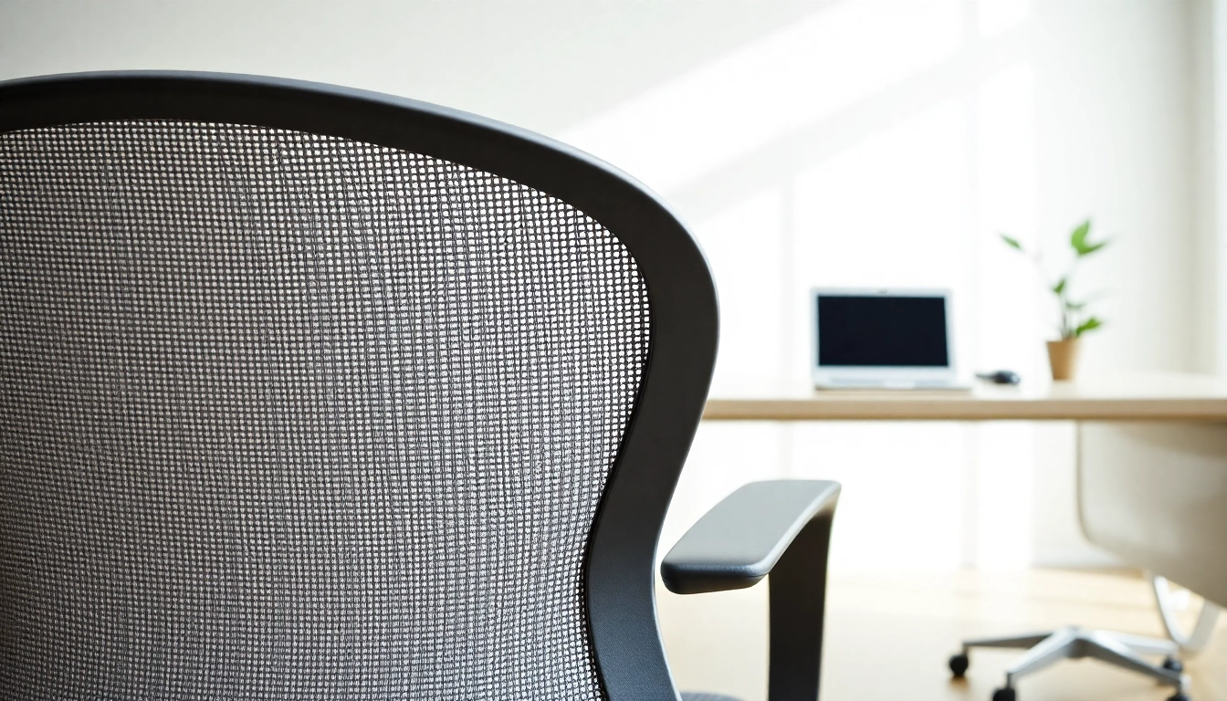 Ergonomisch gestalteter Herman Miller Aeron Stuhl vor einem modernen Schreibtisch in einem Büro.