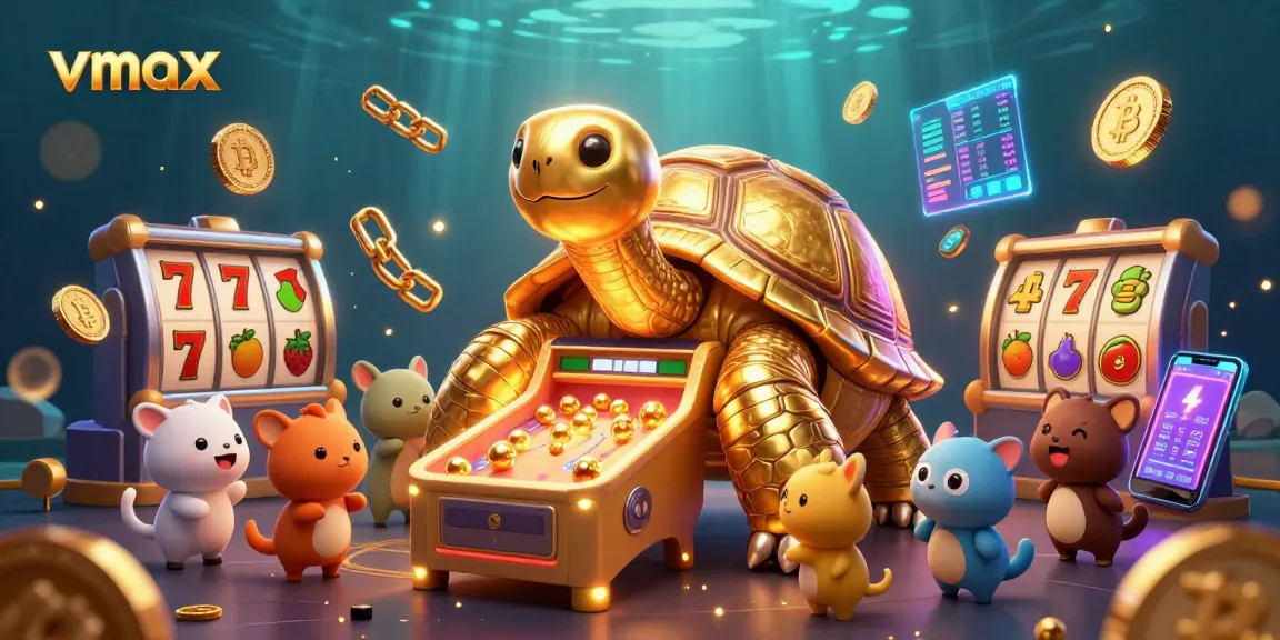 Win big with vmax at the vibrant casino pinball scene featuring a colossal golden tortoise and slot game elements.