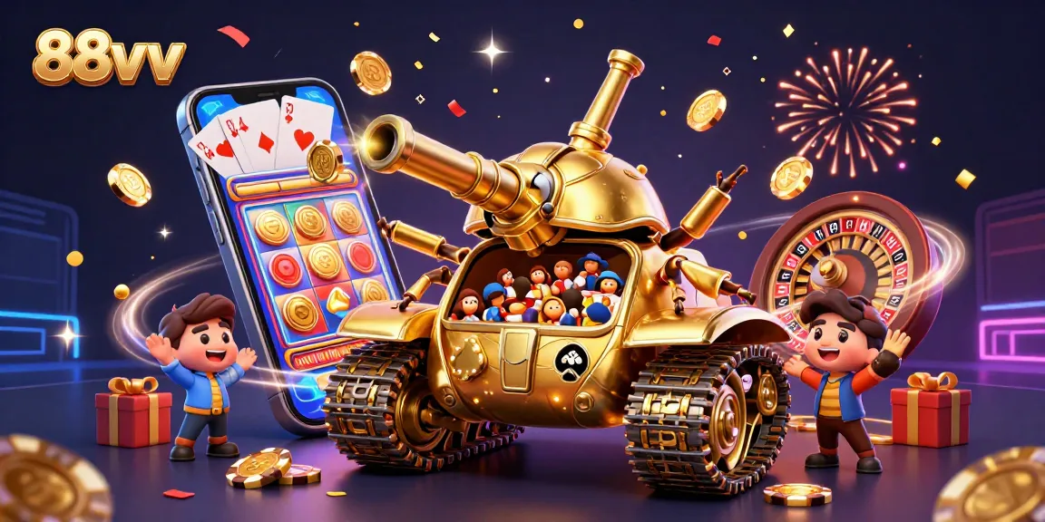 Engage with 88vv's vibrant casino world featuring a massive golden beetle tank bursting with games and celebrations.