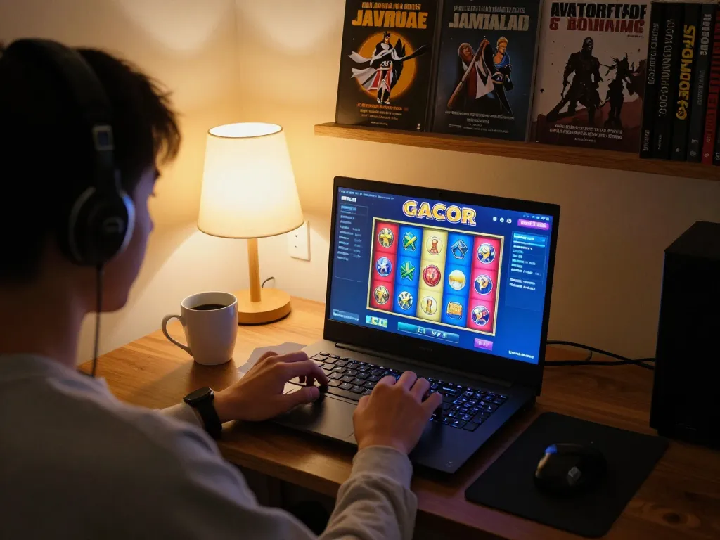 Engaging with slot gacor game on laptop, showcasing colorful interface and strategic approach to online gaming