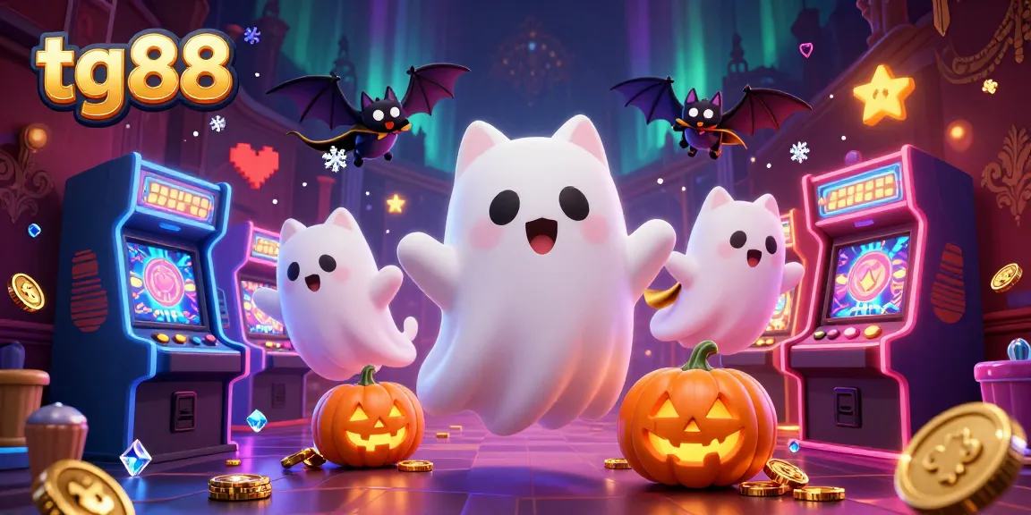 Experience thrilling gameplay at tg88 with a ghost cat and vampire bat in a vibrant casino scene.