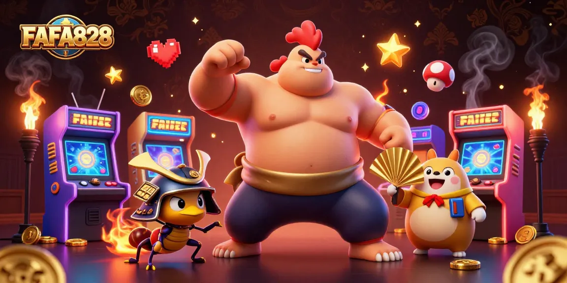 Engage with exciting gameplay on FAFA828 as a sumo wrestler rooster competes alongside a samurai cricket and a tanuki announcer.