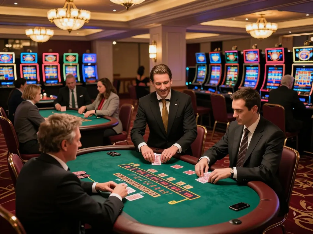 f1688 CEO overseeing dynamic gameplay at a blackjack table, players engaged in strategic betting.