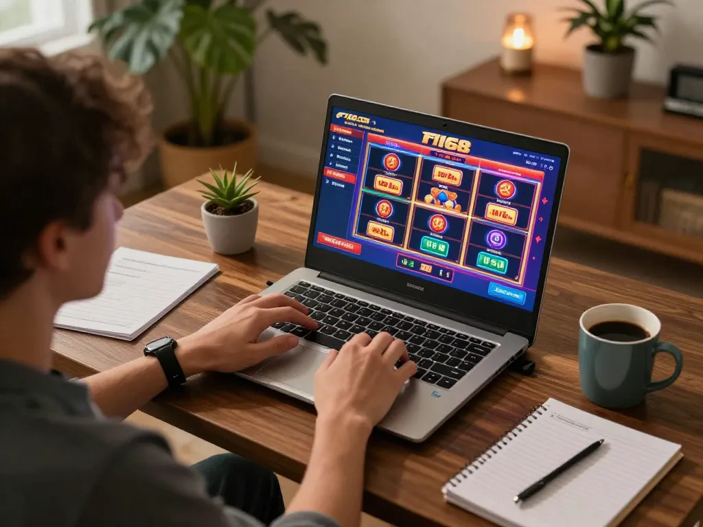 Engaging gameplay on F168.com showing a player enjoying online slots in a cozy home environment.