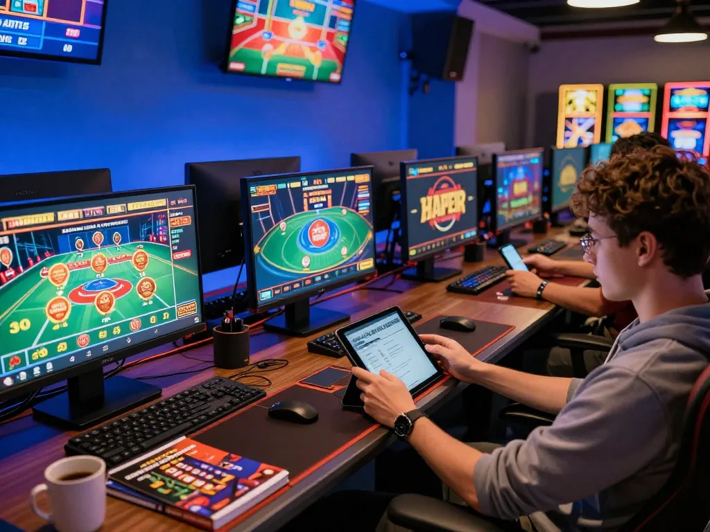 78win user deeply engaged in online gaming with multiple screens showing various casino games and betting options