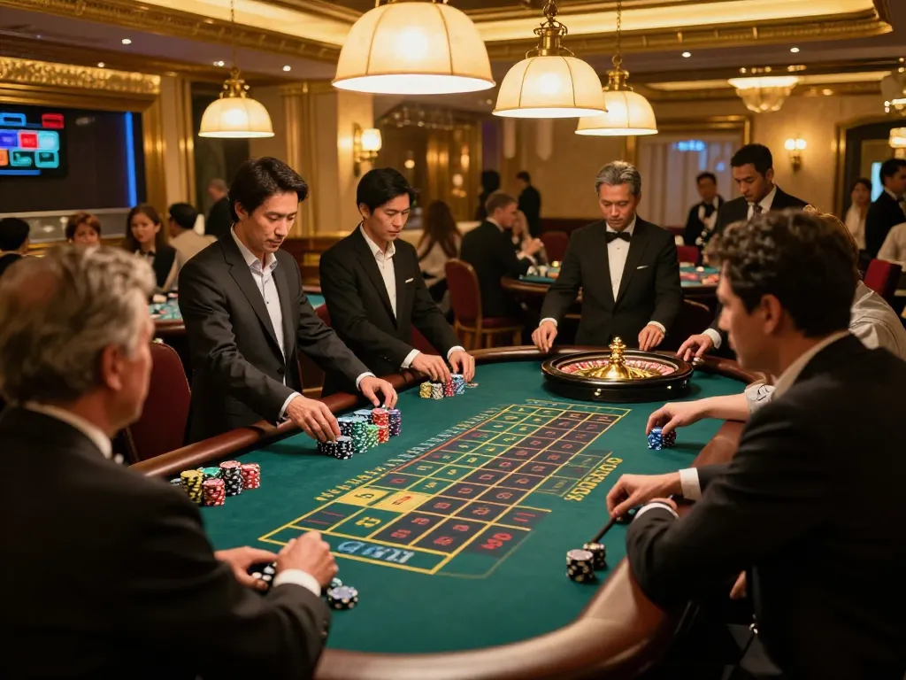 Engaged players placing bets at the Go88 roulette table in a luxurious casino setting.